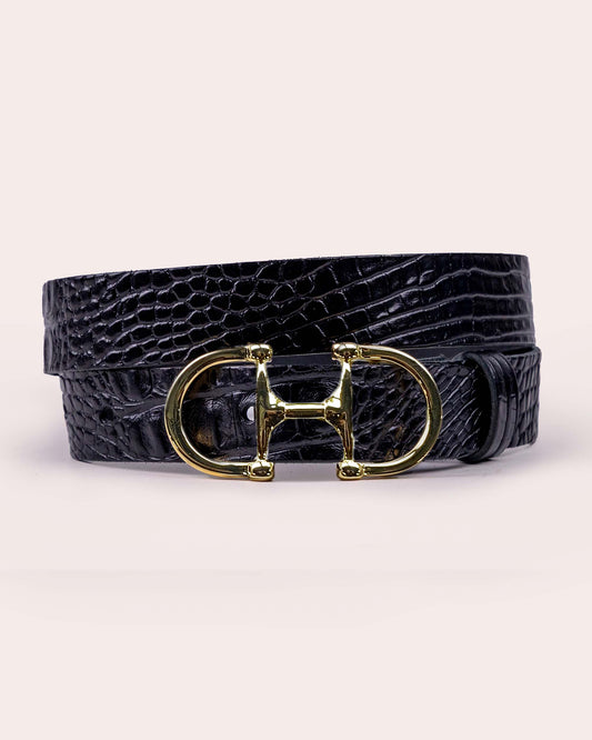 TESS | Croc-Embossed Leather Belt with H-Shaped Horsebit Buckle