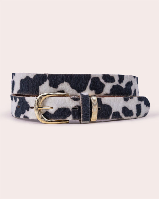 KIKI | Cow-Print Leather Belt with Sculpted Buckle & Textured Keeper
